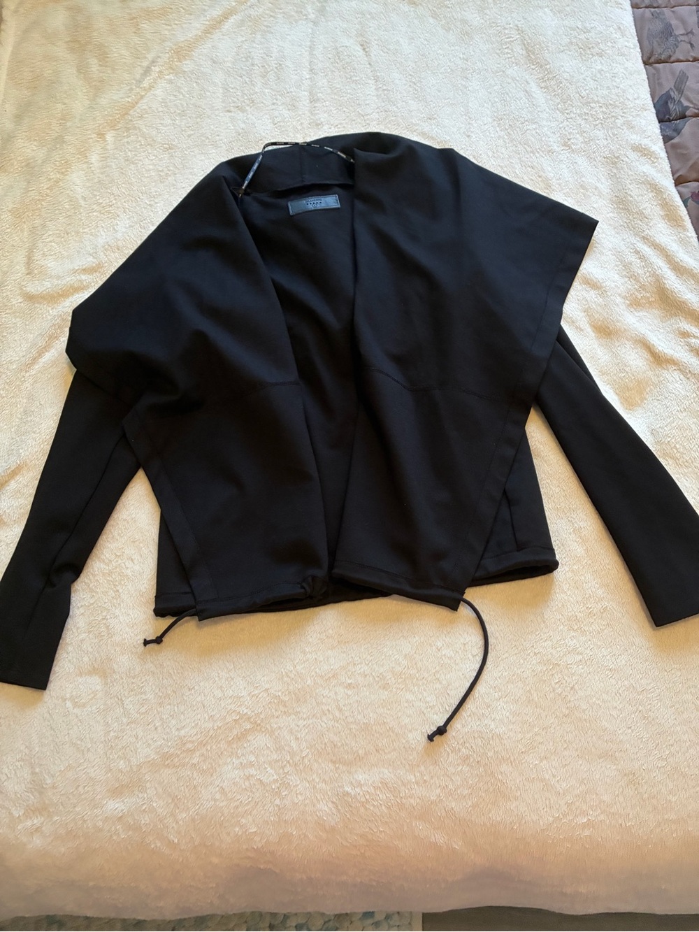 Blank NYC Black Draped Open-Front Jacket with Drawstring Hem Scuba material
